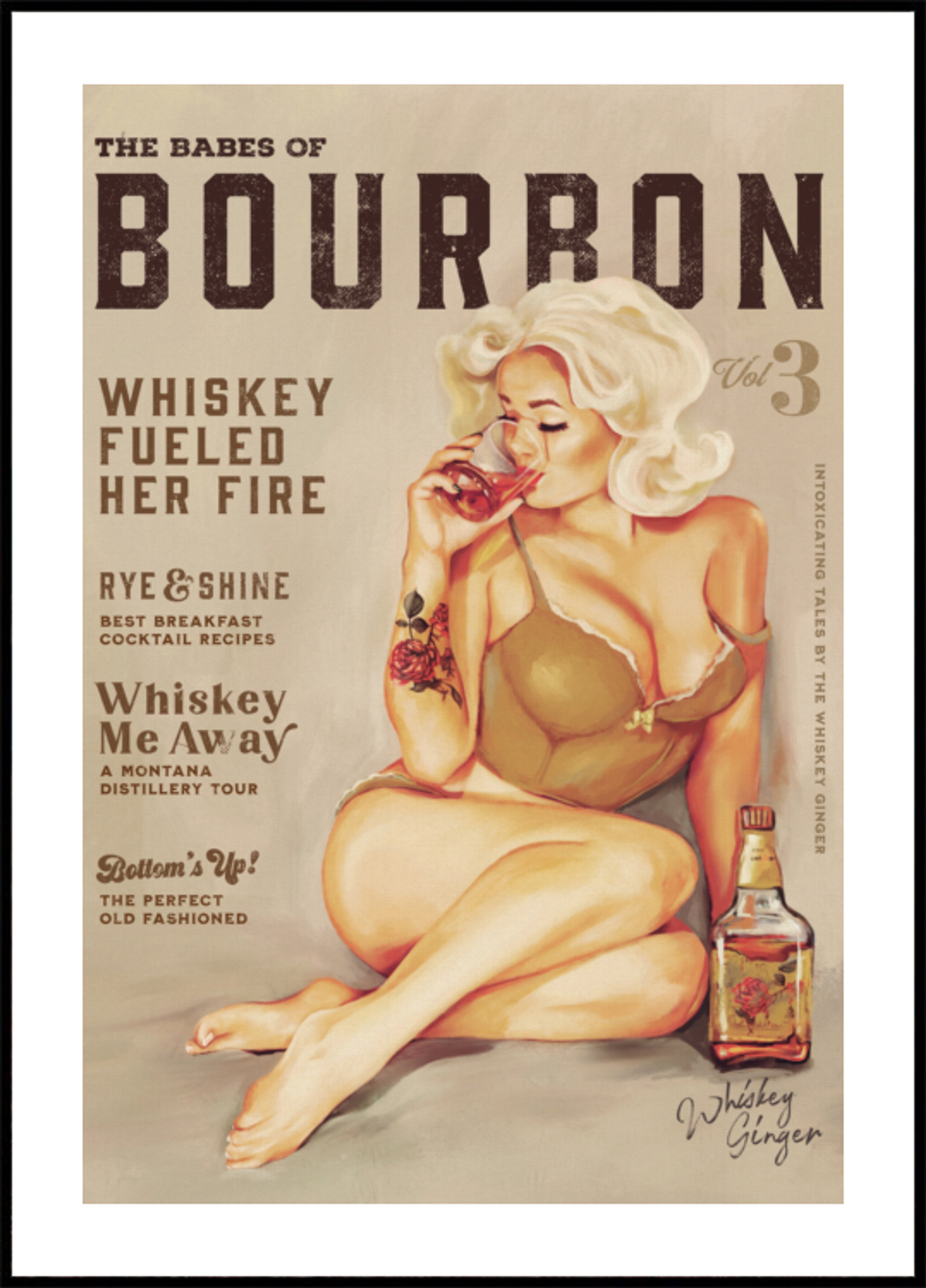 Arte de la pared borbónica. Chica pin up vintage sexy bebiendo whisky