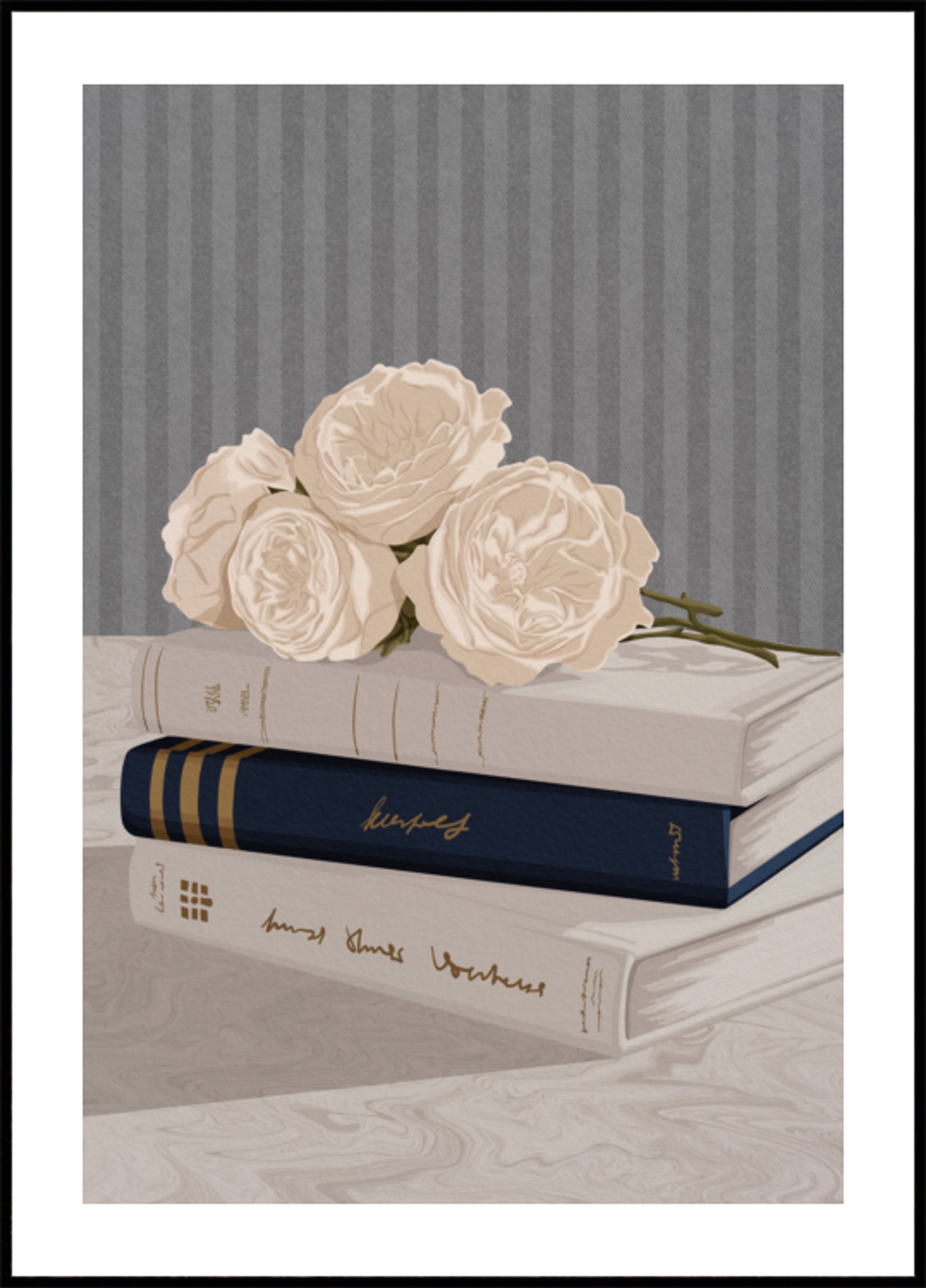 Rosas suaves y libros.