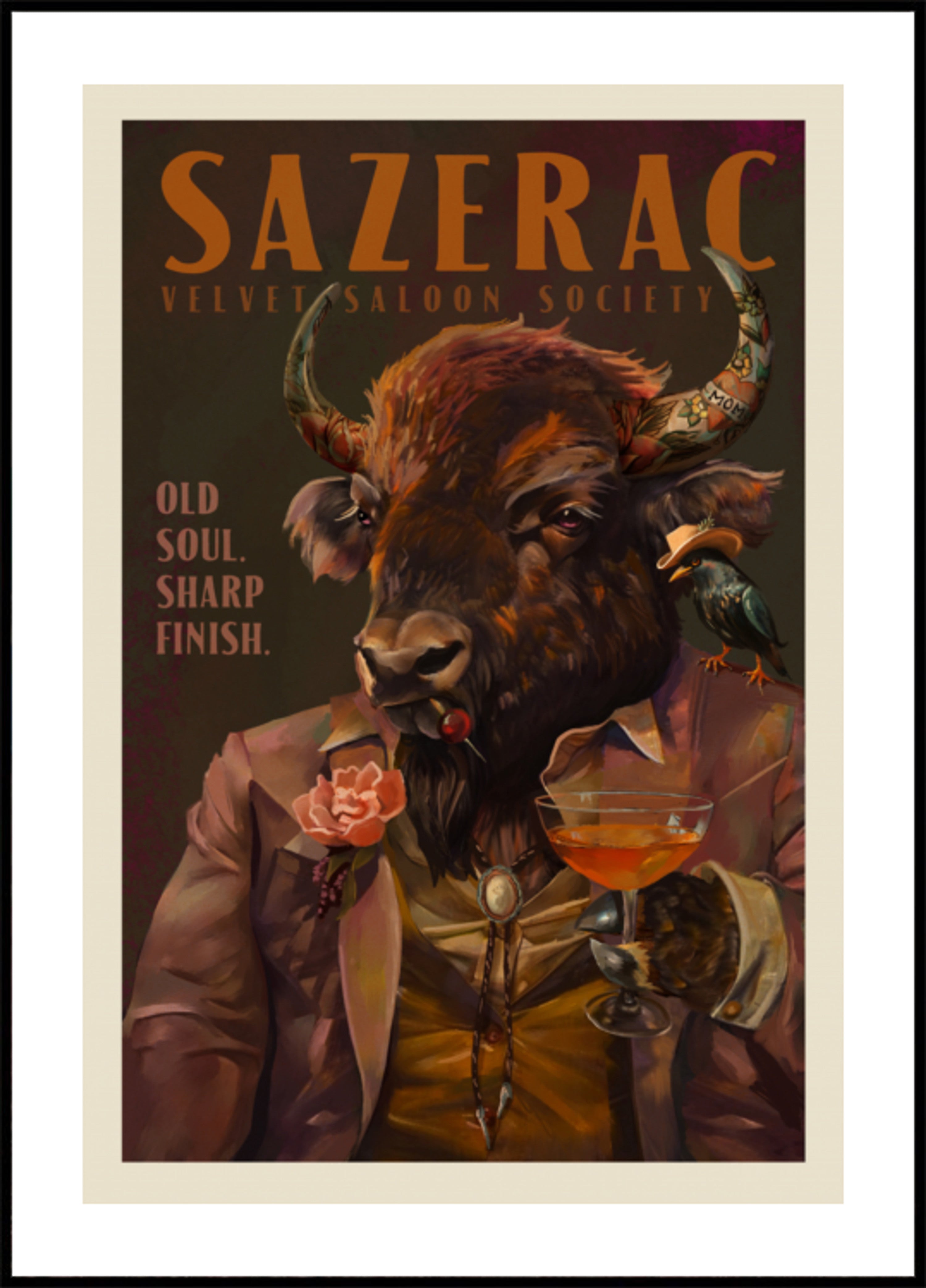 Búfalo bebiendo cóctel Sazerac. Arte de bar de alcohol y licores