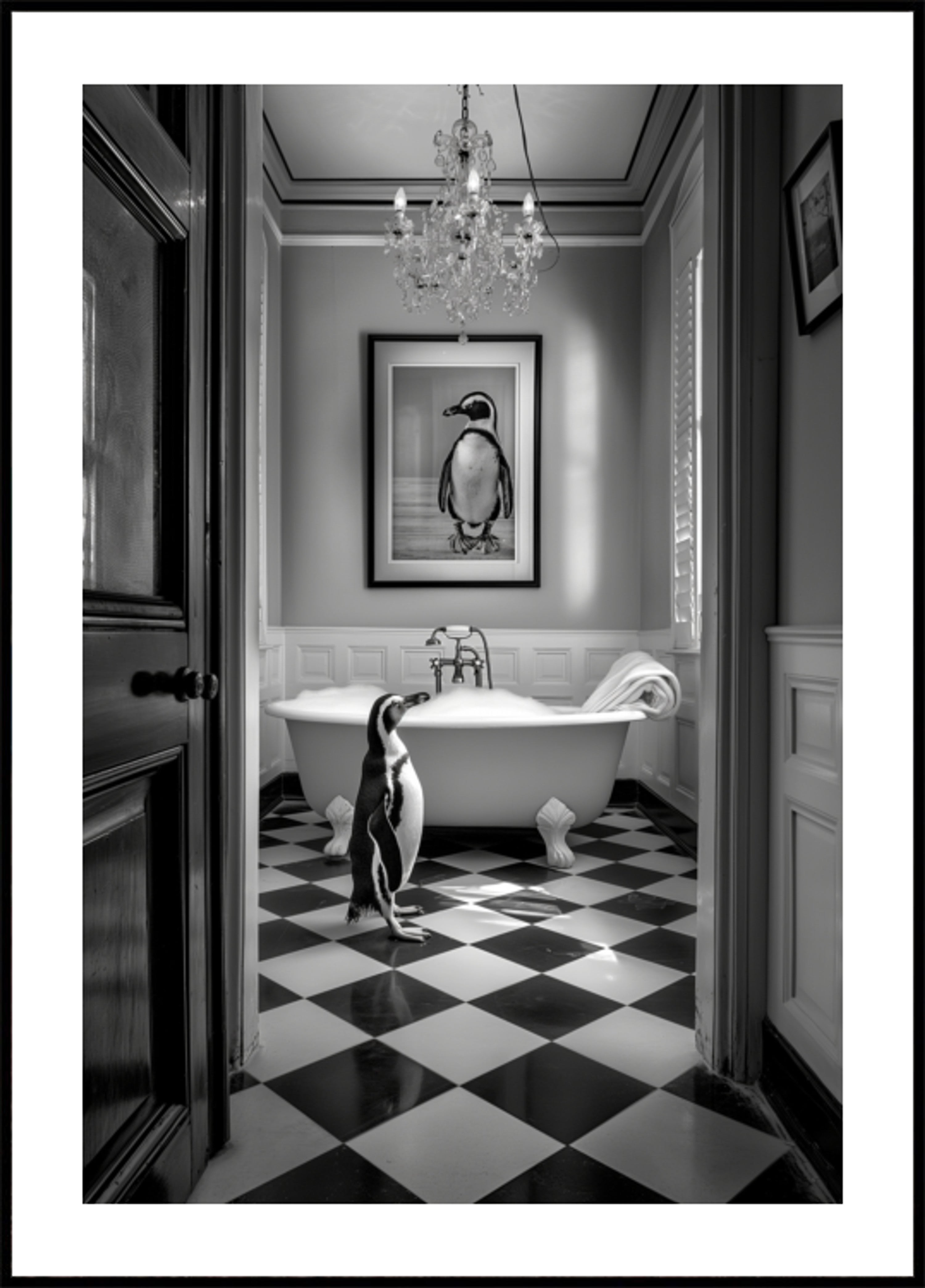 La hora del baño del pingüino curioso