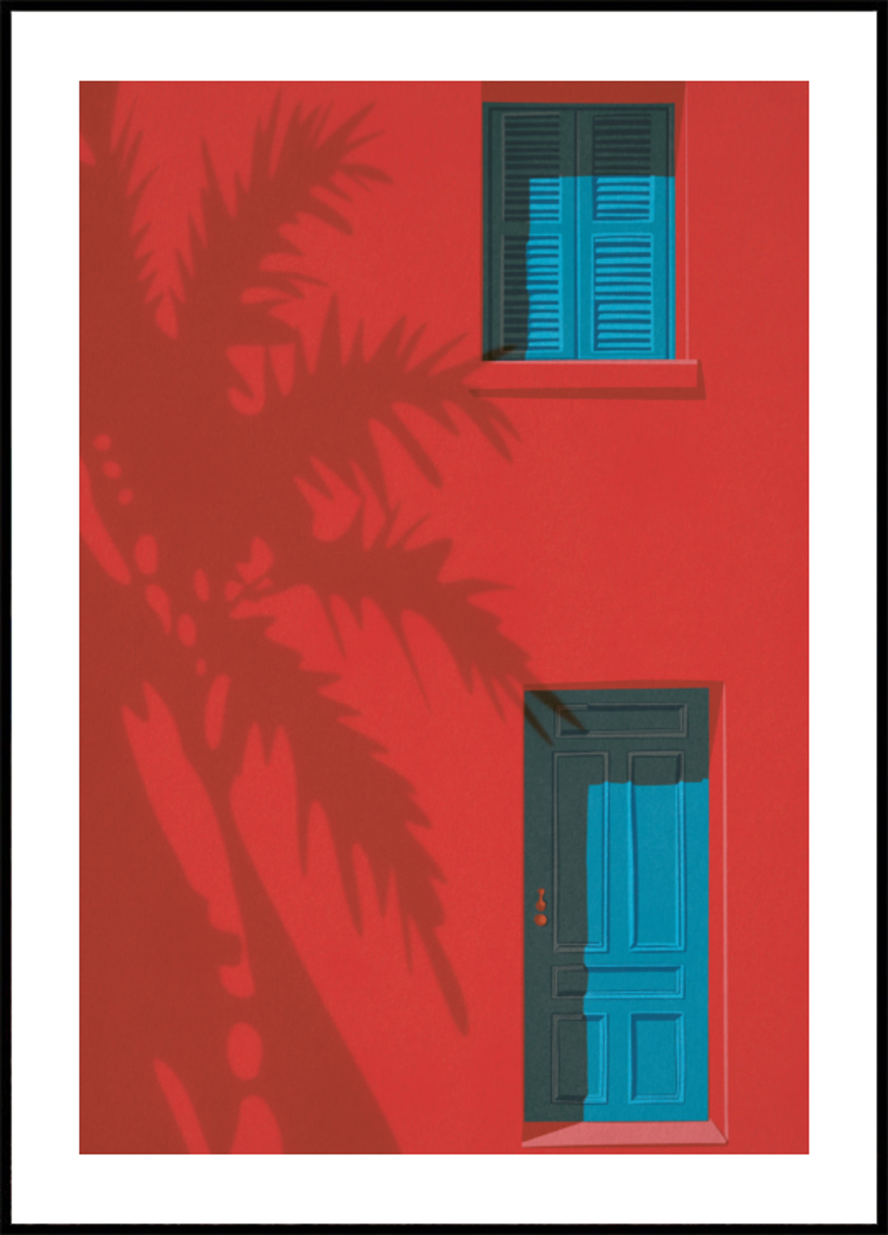 Puerta Azul Pared Roja