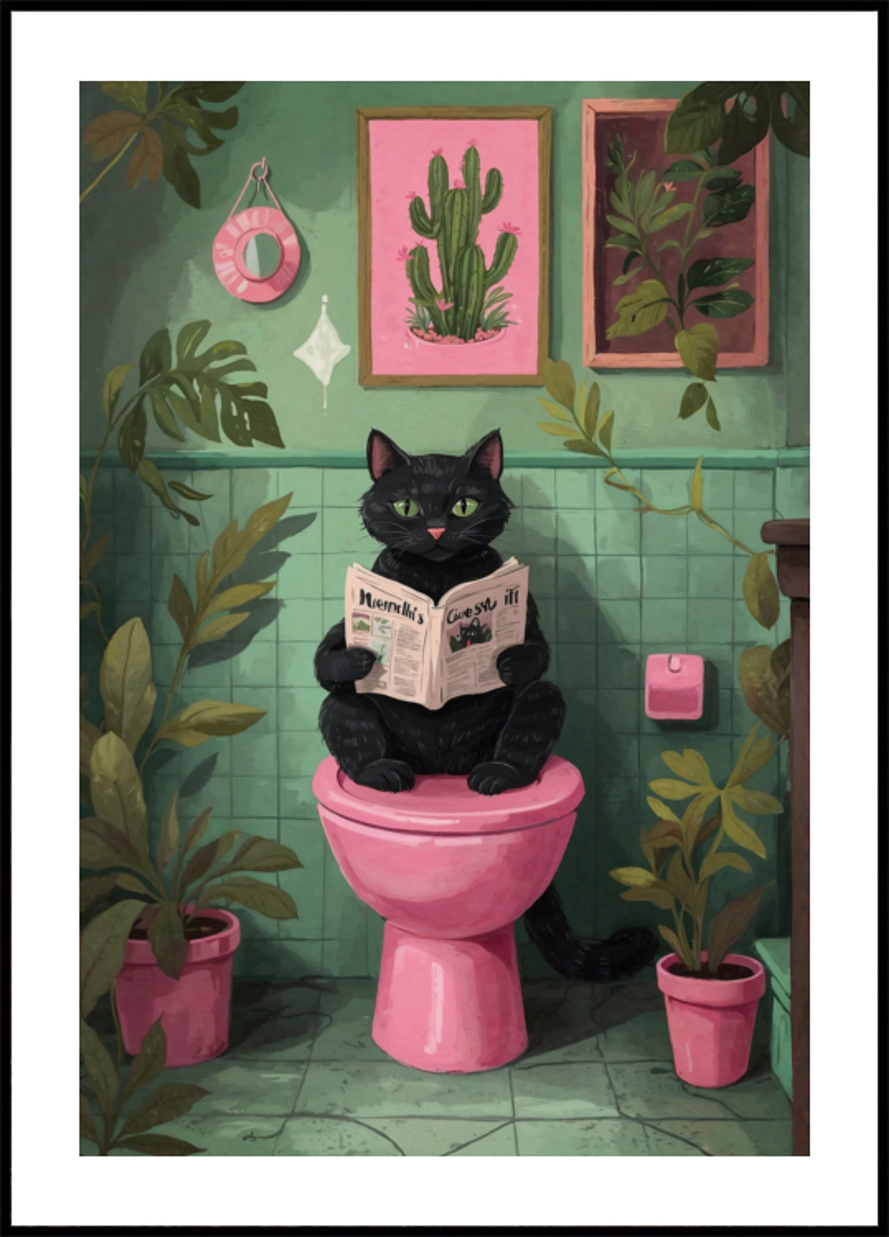 Gato leyendo en el baño