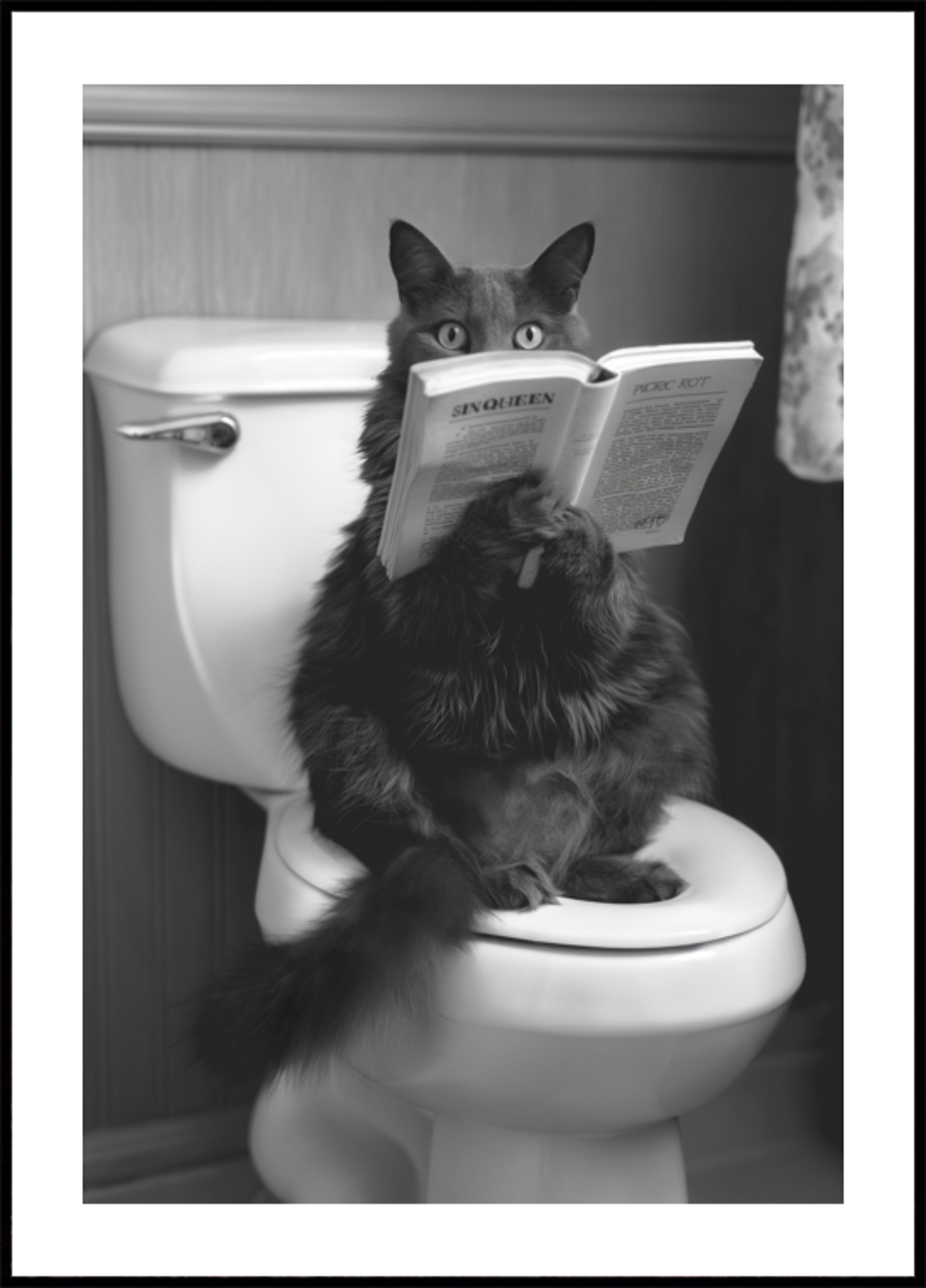 Gato leyendo en el baño