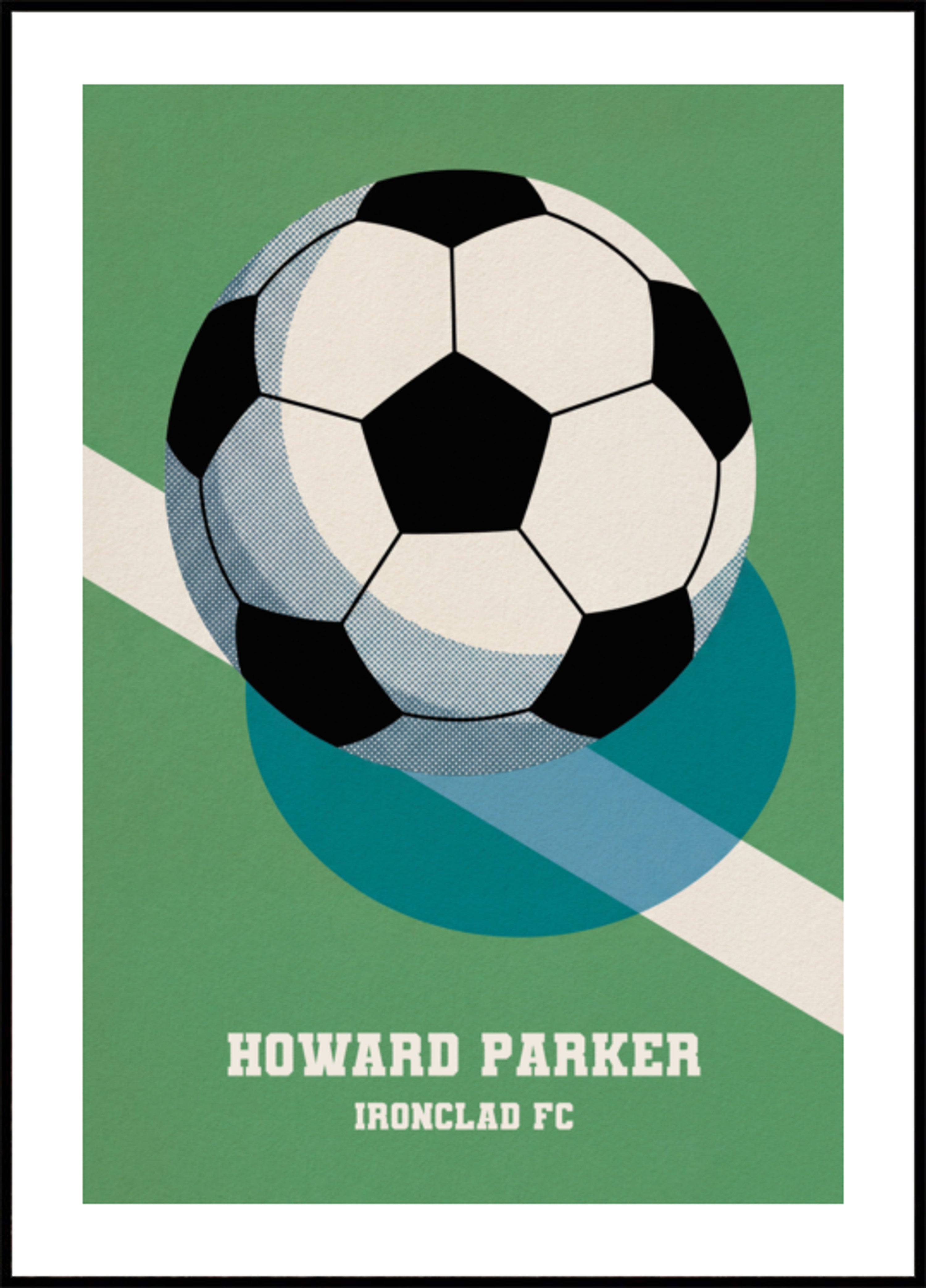 Cartel de fútbol retro con pelota blanca y negra.