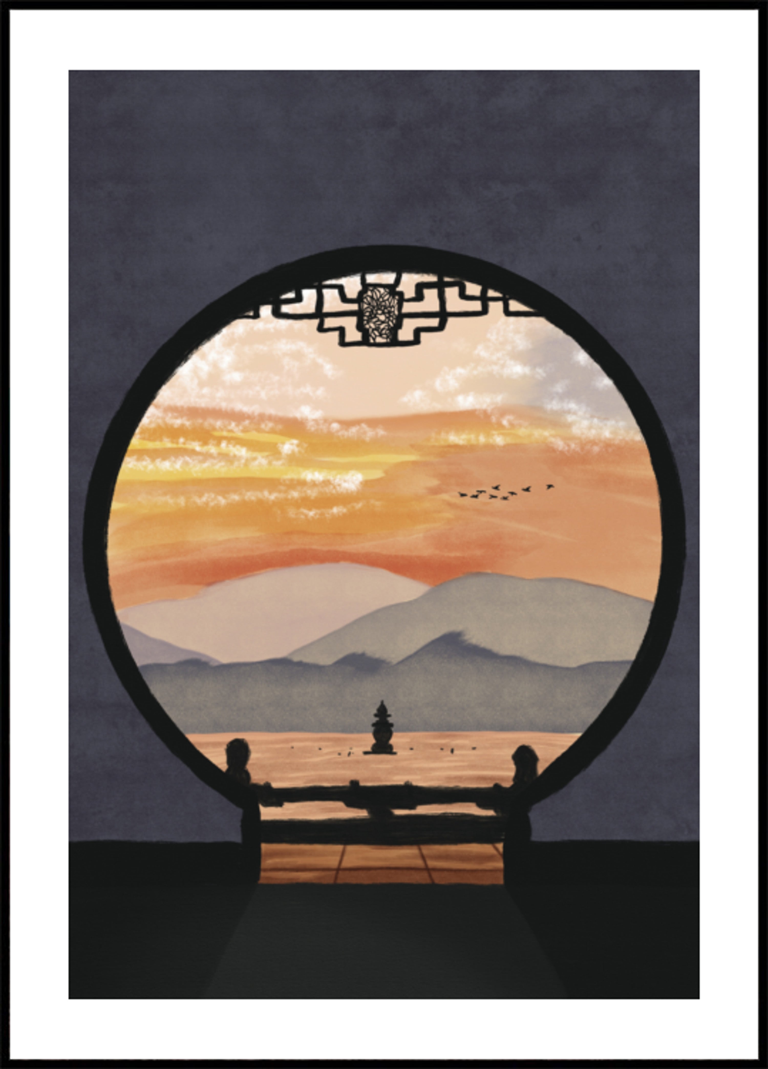 Vista del atardecer de la pagoda asiática