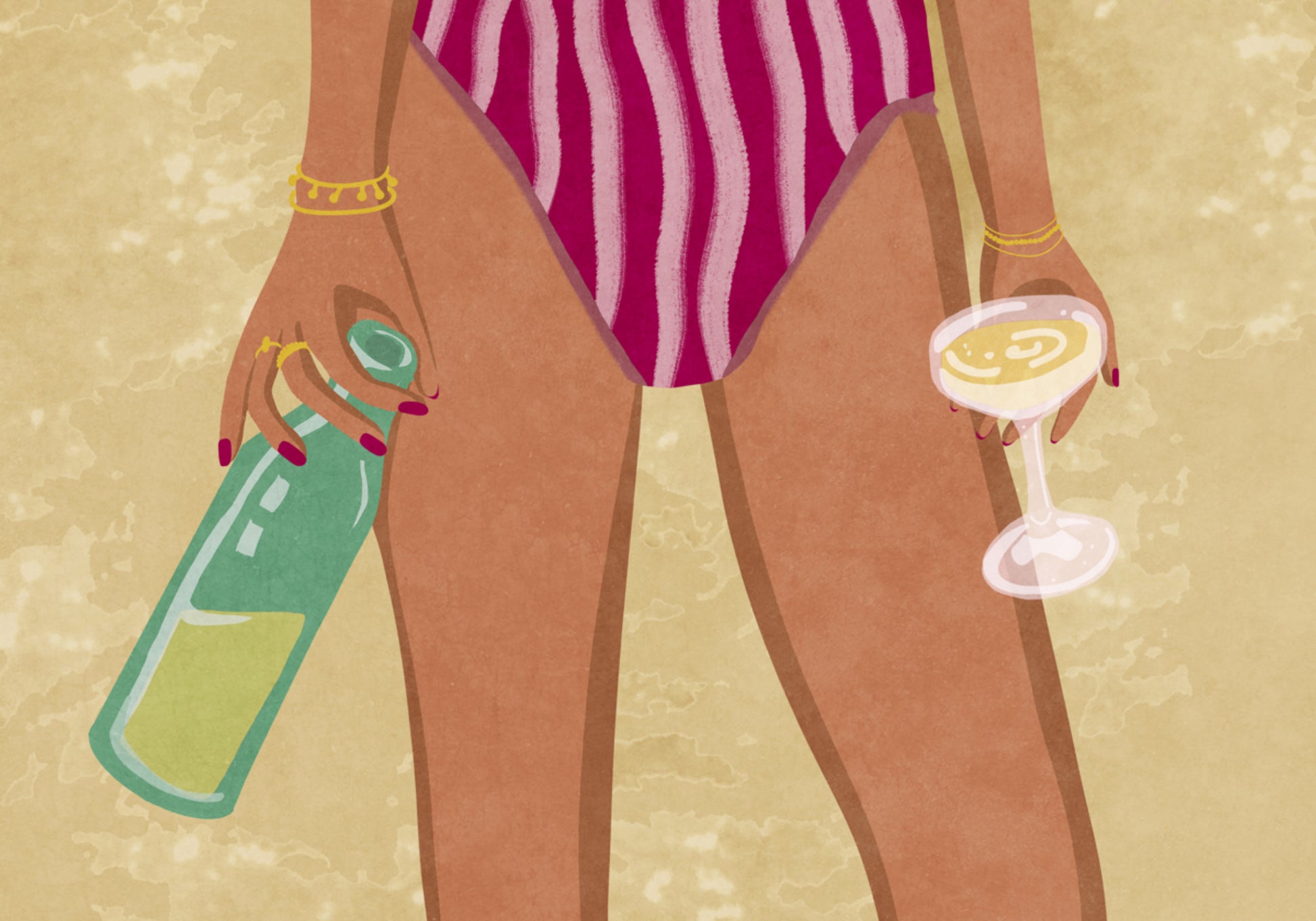 Chica con vino en la playa.