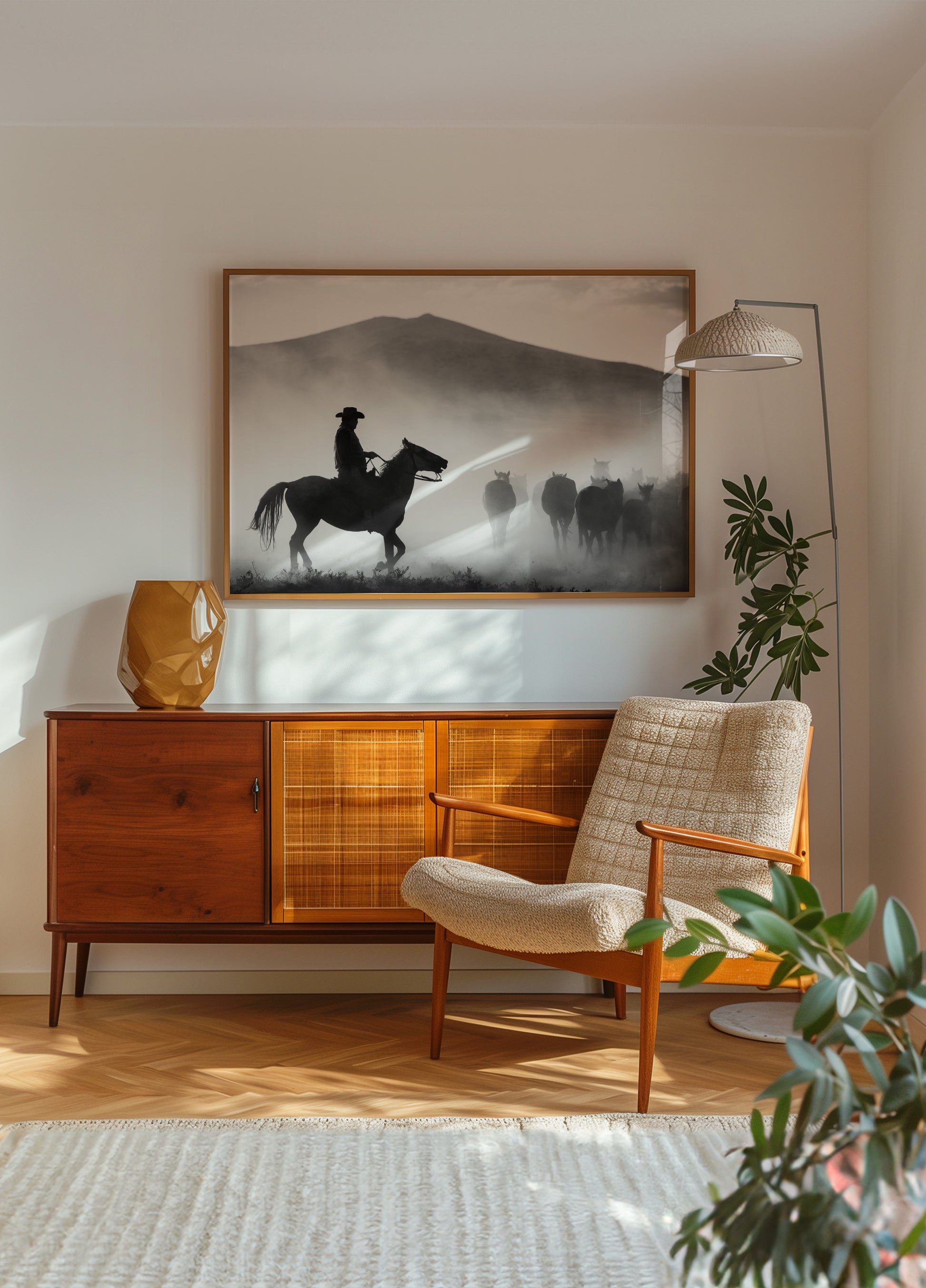 Vaquero pastoreando caballos