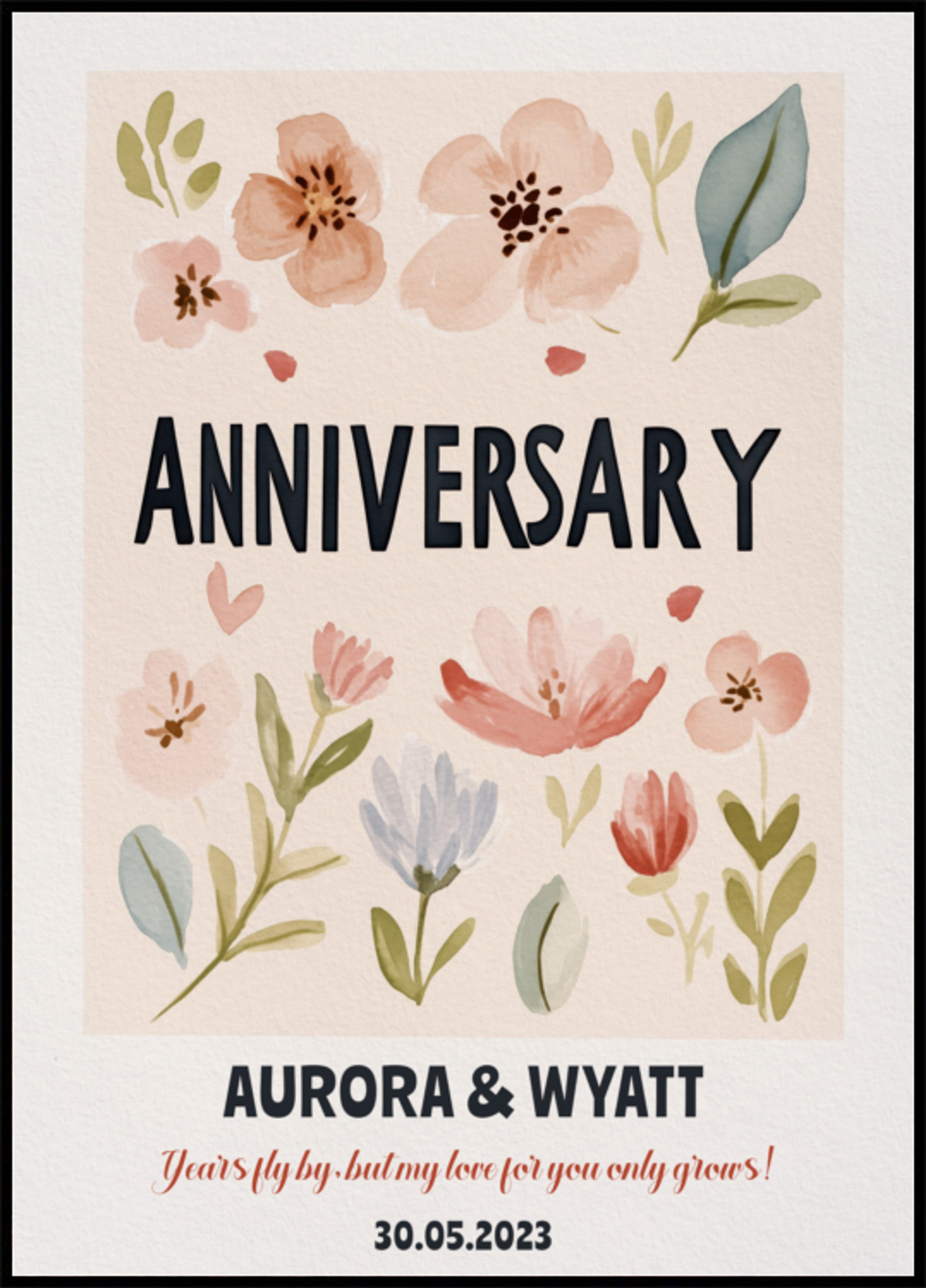 Póster de aniversario personalizado con adornos de acuarela.