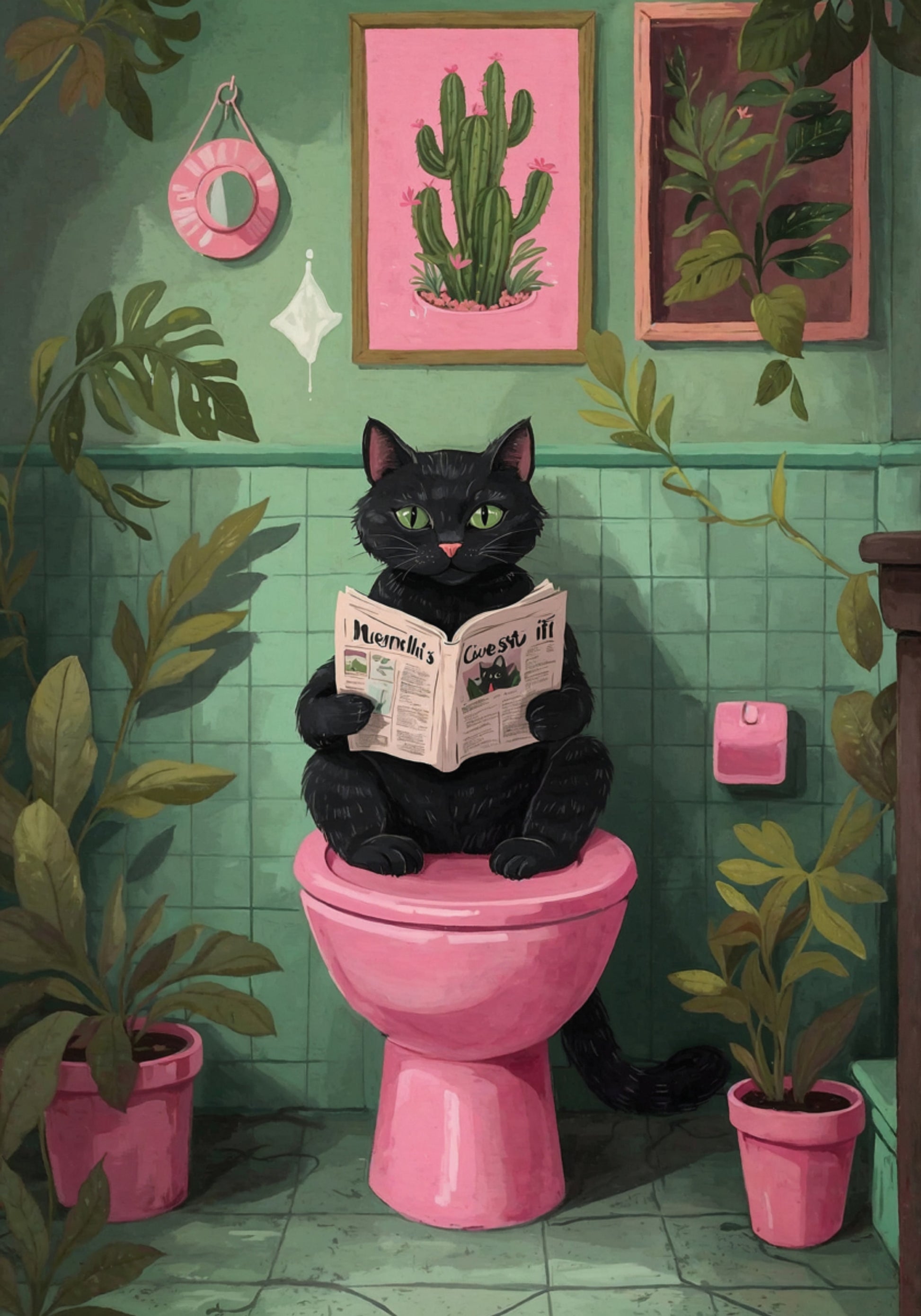 Gato leyendo en el baño