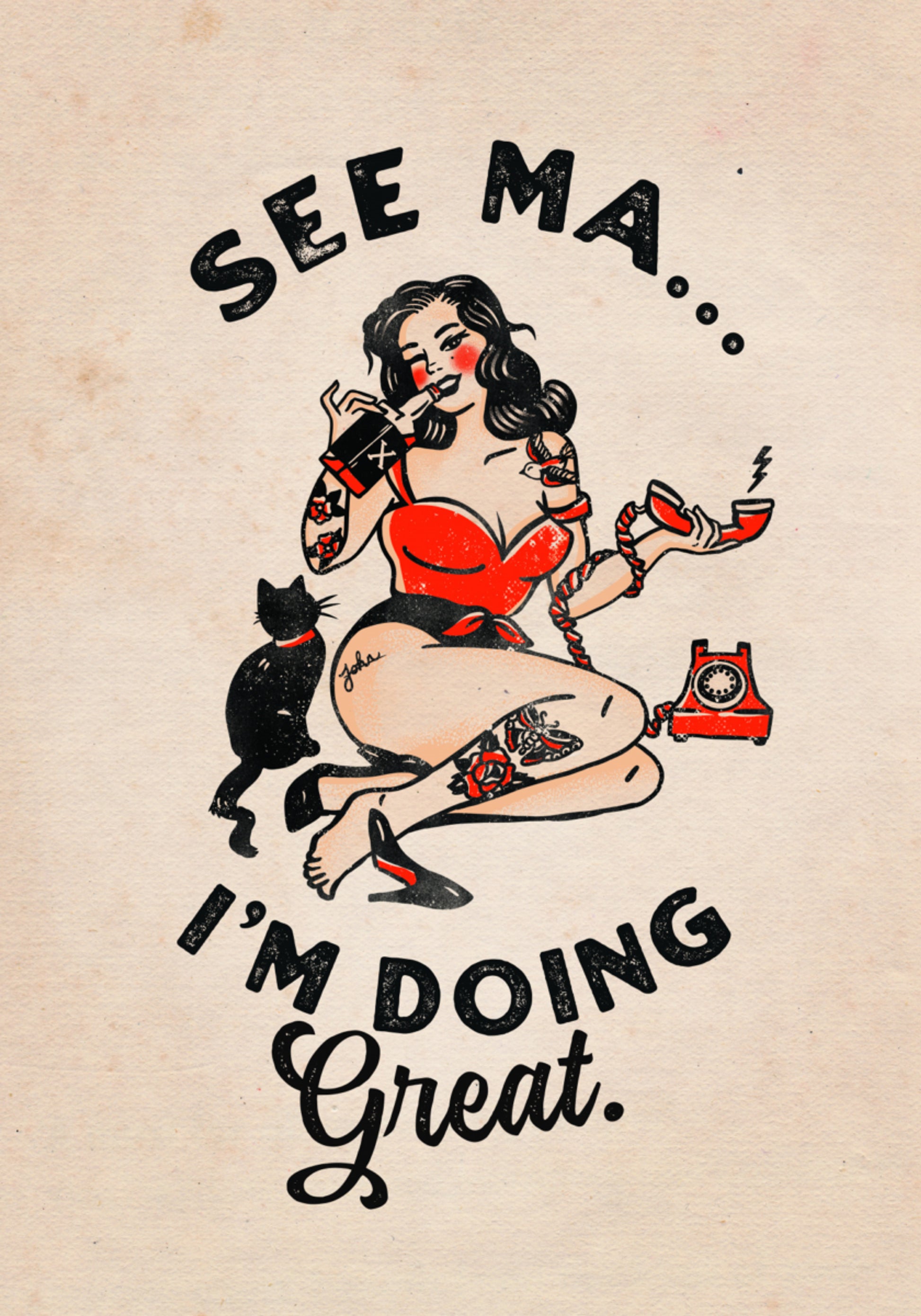 Ver mamá cartel divertido vintage pinup chica y gato