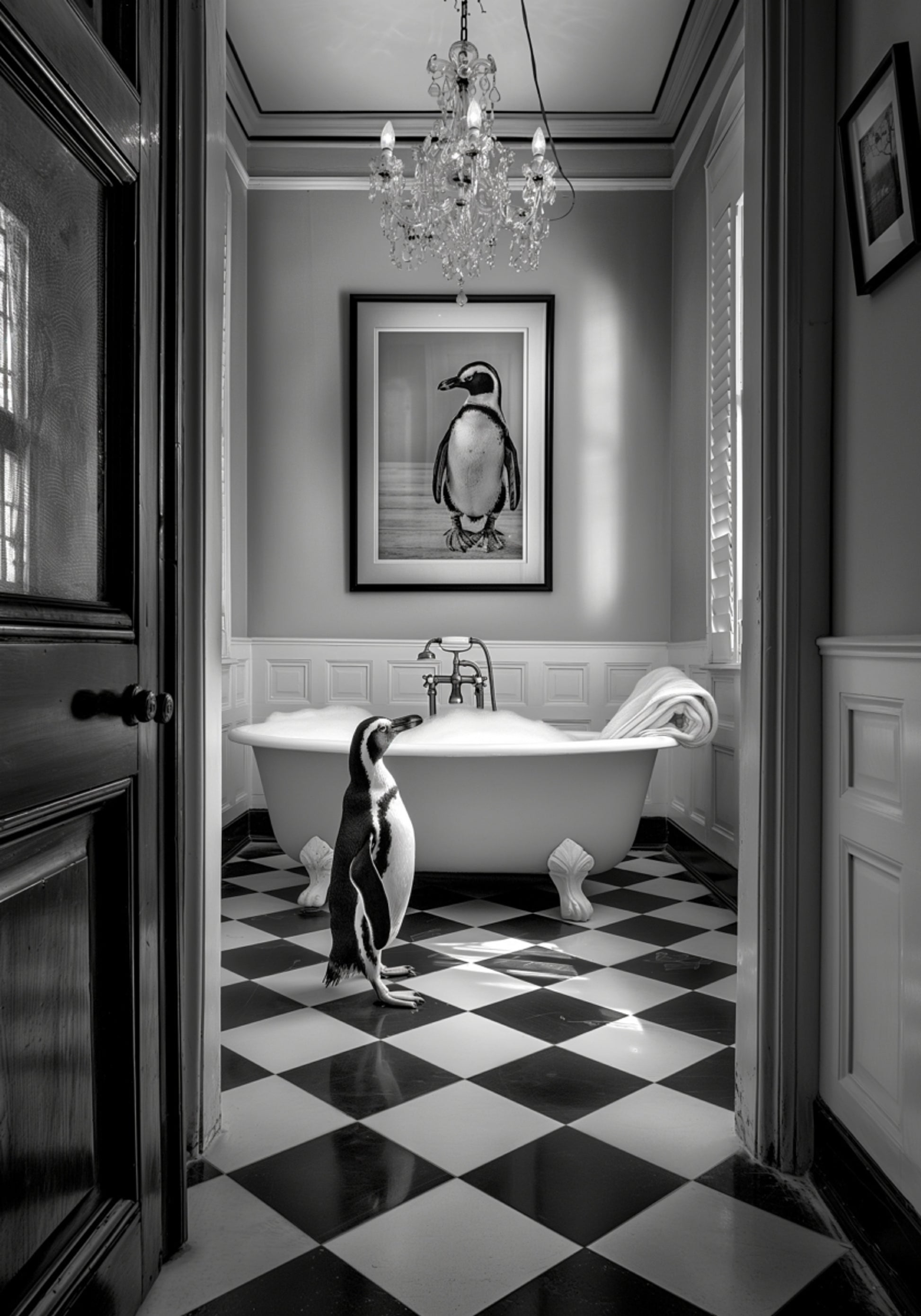 La hora del baño del pingüino curioso