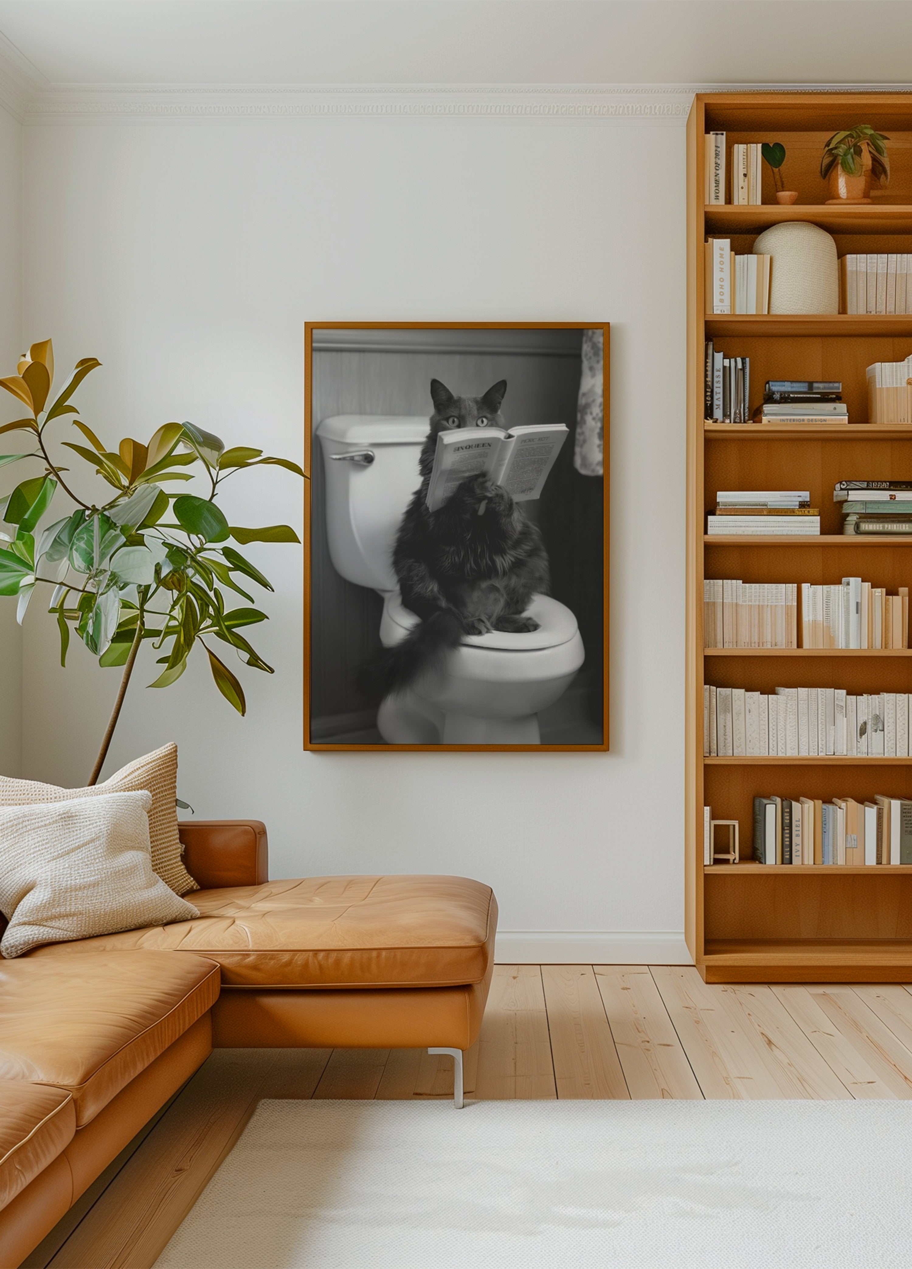 Gato leyendo en el baño