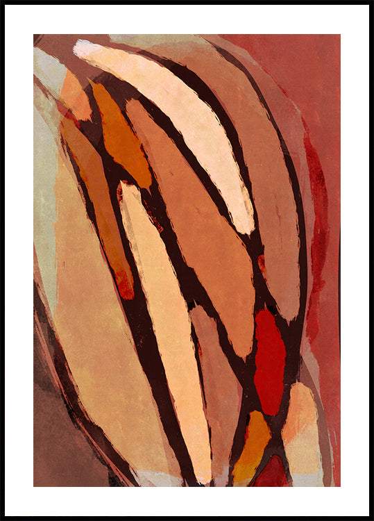 La imagen es una pintura abstracta con pinceladas atrevidas y superpuestas en varios tonos de marrón, naranja y rojo, creando una composición dinámica y enérgica.