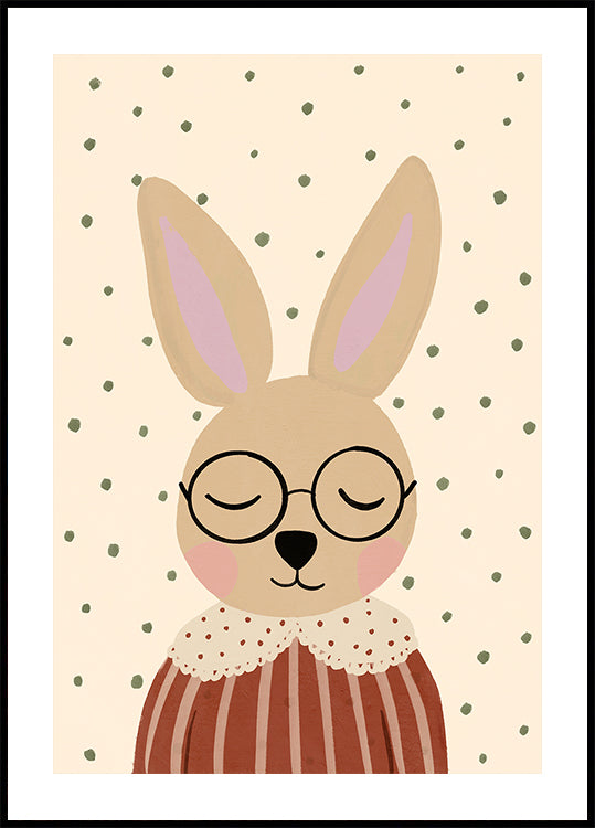 Un conejo de dibujos animados con gafas y una camisa a rayas, con los ojos cerrados, sobre un fondo de puntos verdes.