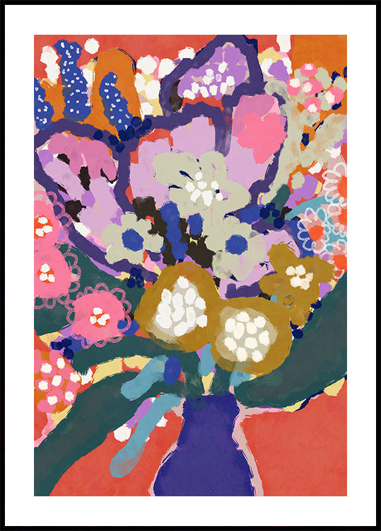 La imagen es una pintura abstracta vibrante y colorida que presenta una variedad de flores y follaje en una variedad de colores, incluidos tonos de rosa, azul, verde y amarillo. La pintura está enmarcada en un marco negro, que contrasta con los colores brillantes y vivos de la obra de arte.