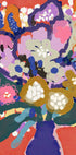 La imagen es una pintura abstracta vibrante y colorida que presenta una variedad de flores y follaje en una variedad de colores, incluidos tonos de rosa, azul, verde y amarillo. La pintura es una composición vivaz y dinámica, con pinceladas atrevidas y una sensación de energía y movimiento.