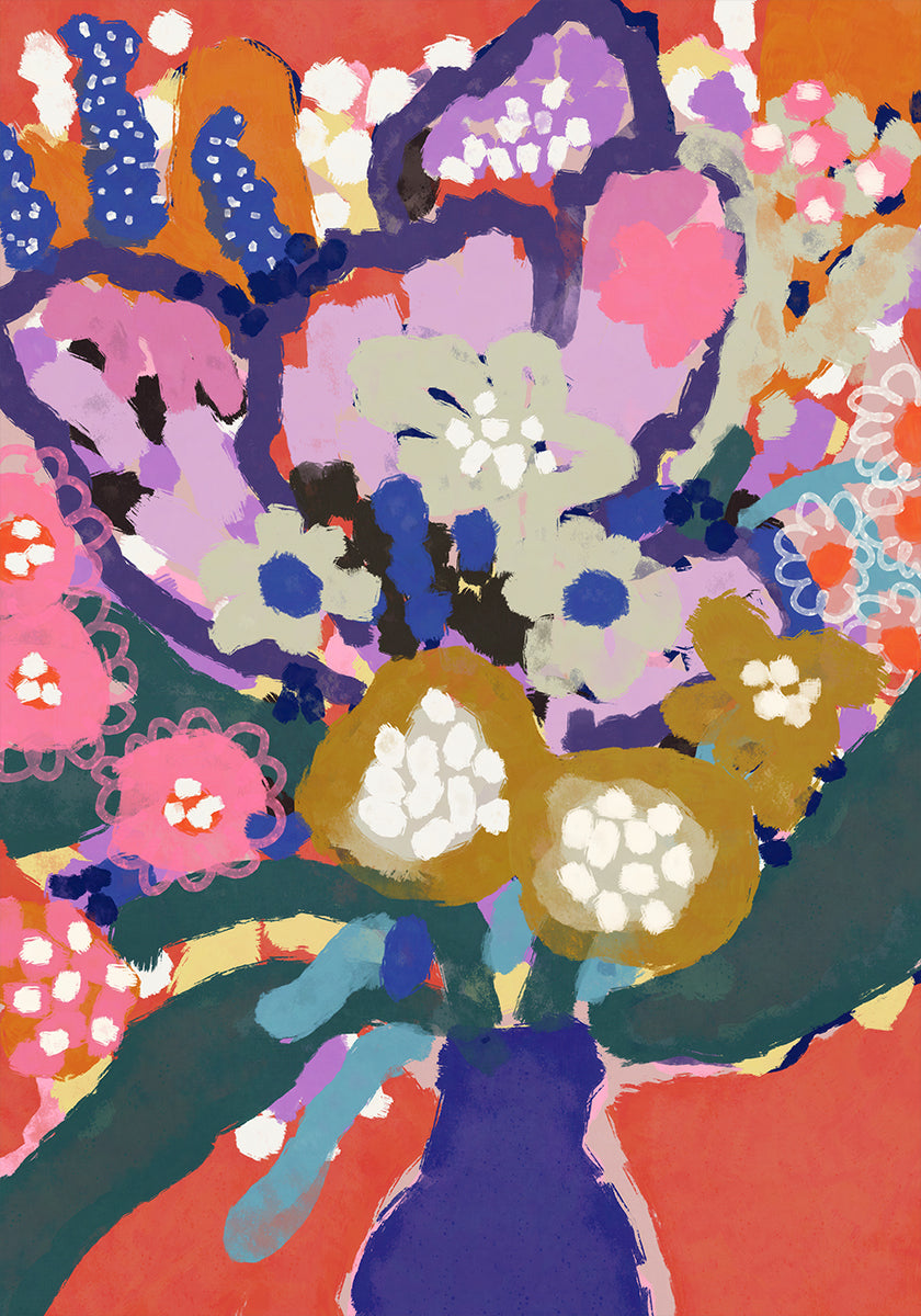 La imagen es una pintura abstracta vibrante y colorida que presenta una variedad de flores y follaje en una variedad de colores, incluidos tonos de rosa, azul, verde y amarillo. La pintura es una composición vivaz y dinámica, con pinceladas atrevidas y una sensación de energía y movimiento.